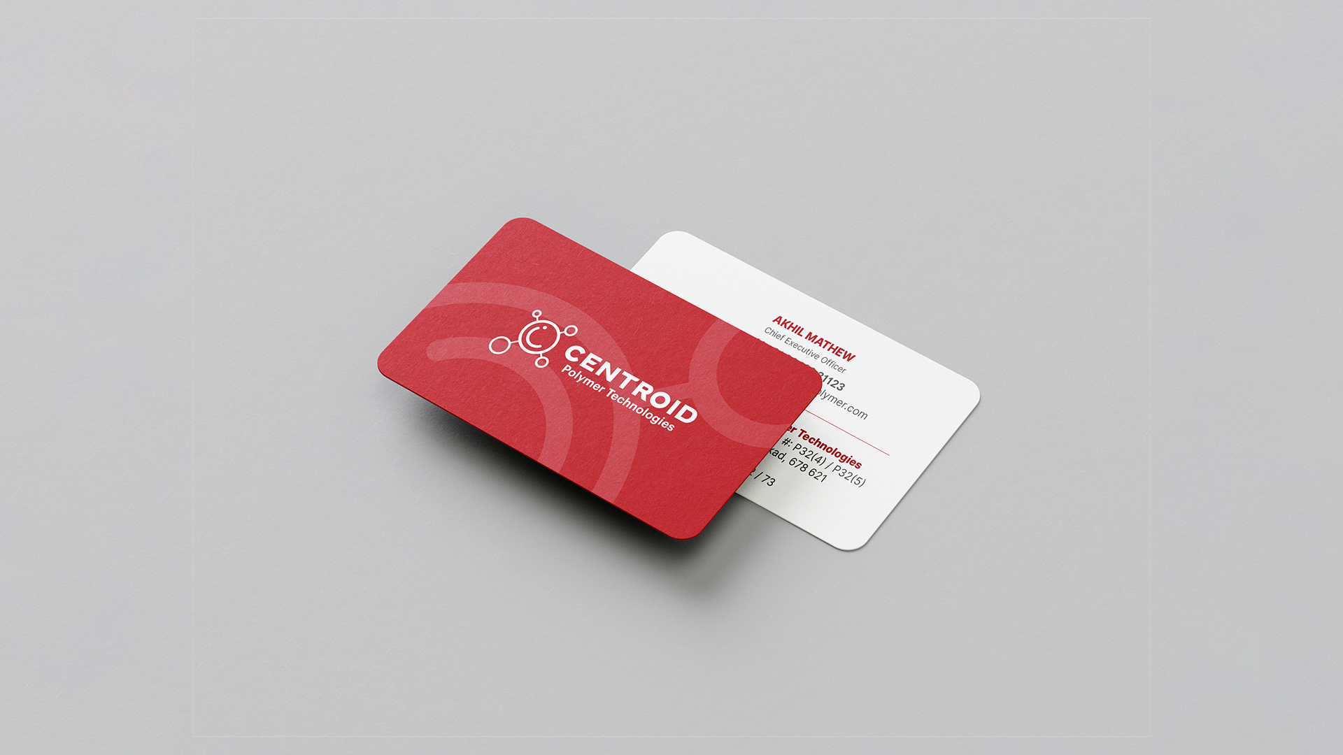 Centroid Polymer Technologies business card featuring a red logo and contact details, with a professional design and clean typography